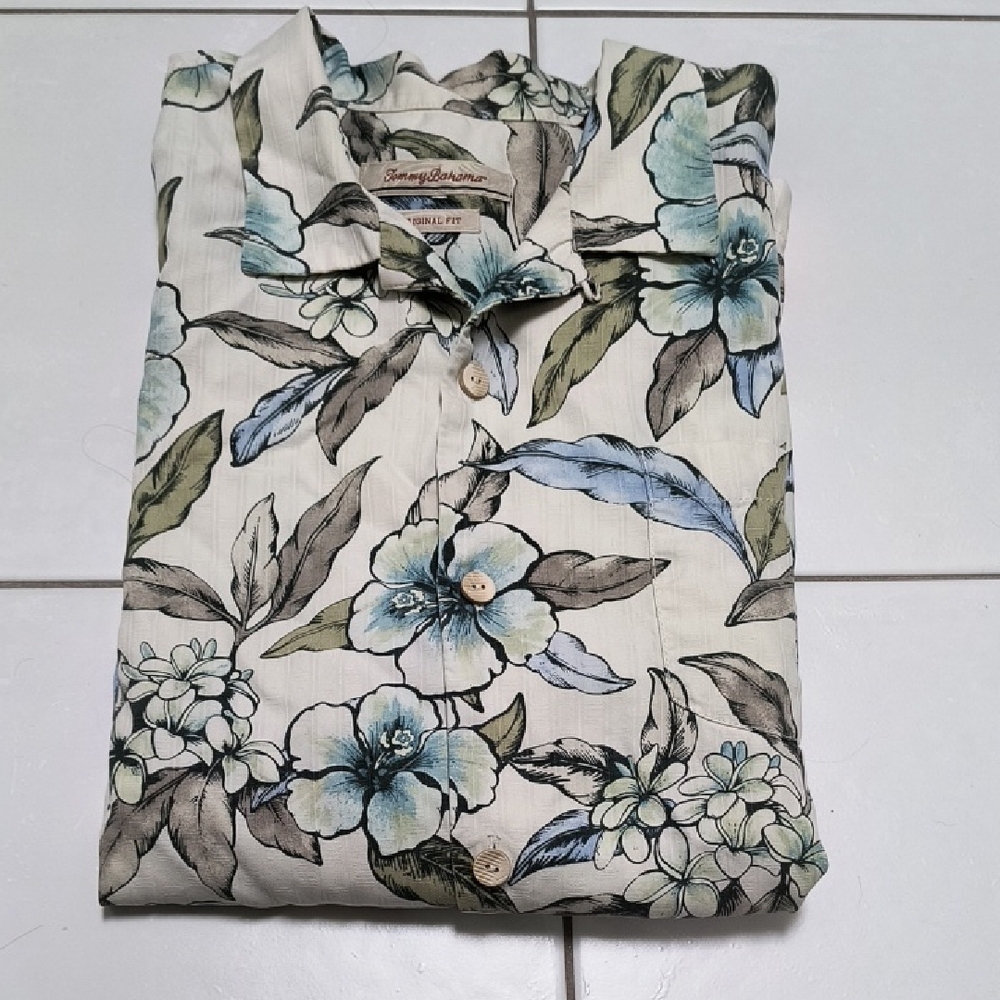 Tommy Bahama Blue and Gray Casual Button Down Shirt with Floral Design